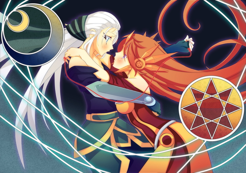 1080P, anime, pattern, creativity, glowing, indoors, shape, night, couple, lighting equipment, Leona (League of Legends), illuminated, video games, League of Legends