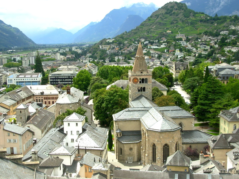 architecture, built structure, building, mountains, day, city, nature, town, 2K, high angle view, mountain, church, sion, switzerland, buildings, residential district