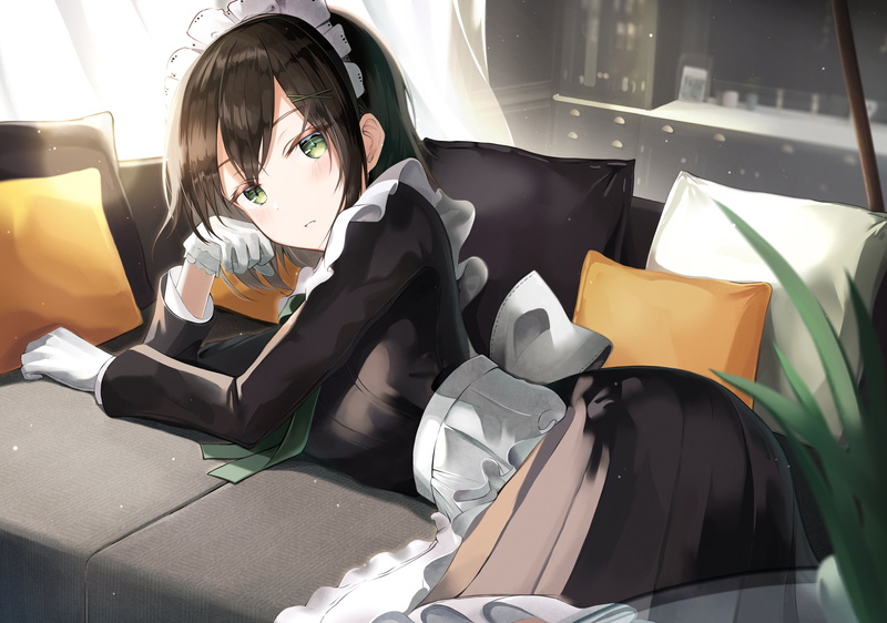 blush, pillow, black dress, hair ornament, looking at viewer, bangs, green eyes, green ribbon, hair clip, dress, blushing, pleated skirt, gloves, Frill dress
