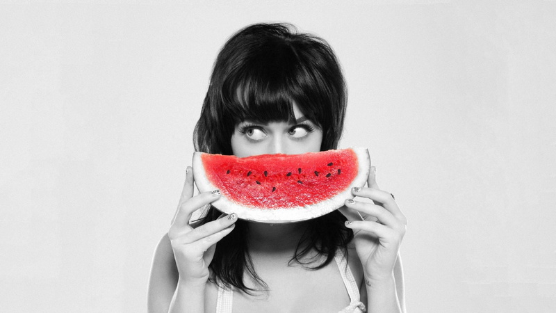 watermelons, wellbeing, obscured face, fruit, portrait, bangs, 1080P, singer, food, studio shot, adult, watermelon, beautiful woman, black hair, eyes