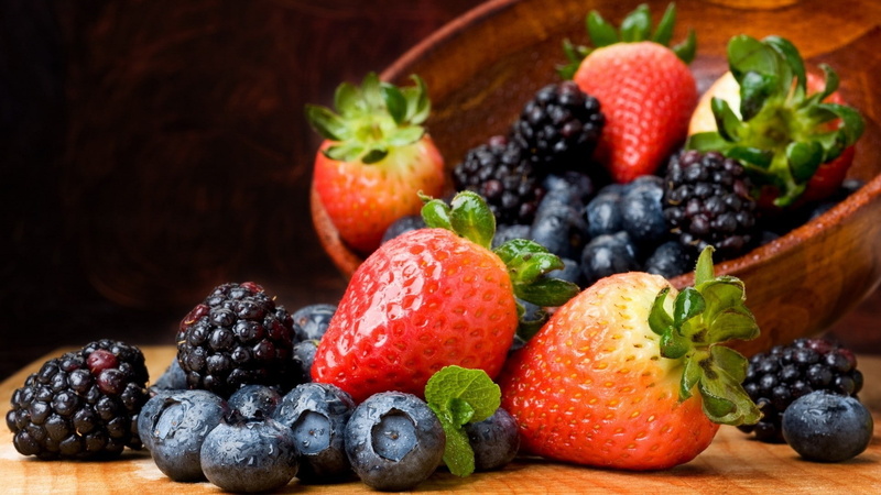 1080P, bowls, strawberries, blackberries, fruit, blueberries