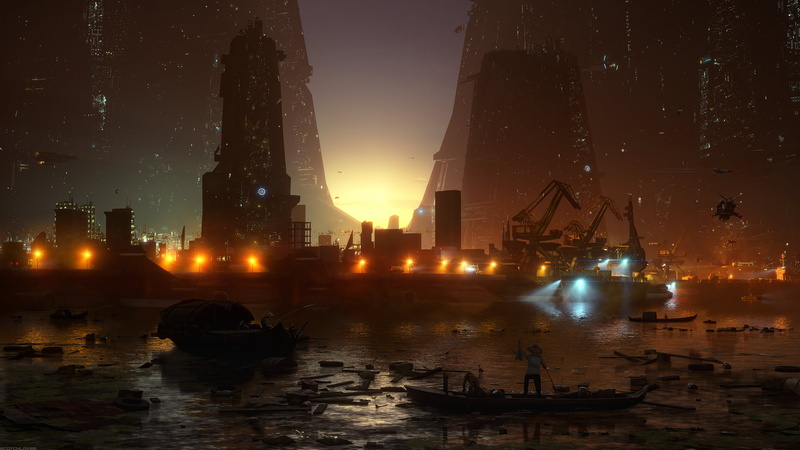 digital art, 2K, spaceship, fantasy art, skyscraper, cranes (machine), futuristic city, Scotchlover, bay, futuristic, cityscape, boat, city lights