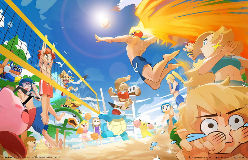 1080P, Animal Crossing, Rosalina, Captain Falcon, Kirby, Samus Aran, Mega Man, Pikachu, beach ball, Peach, Donkey Kong