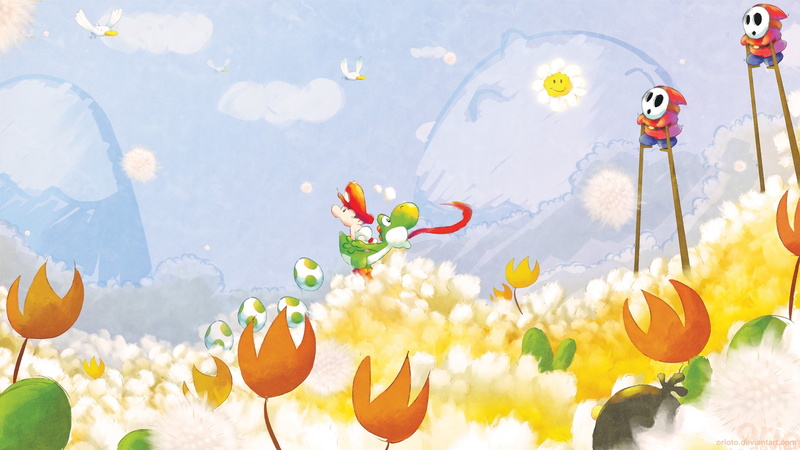 Yoshi, no people, nature, orange color, food, large group of objects, animal, multi colored, plant, cloud - sky, Super Mario World 2, decoration, sky, Yoshis Island