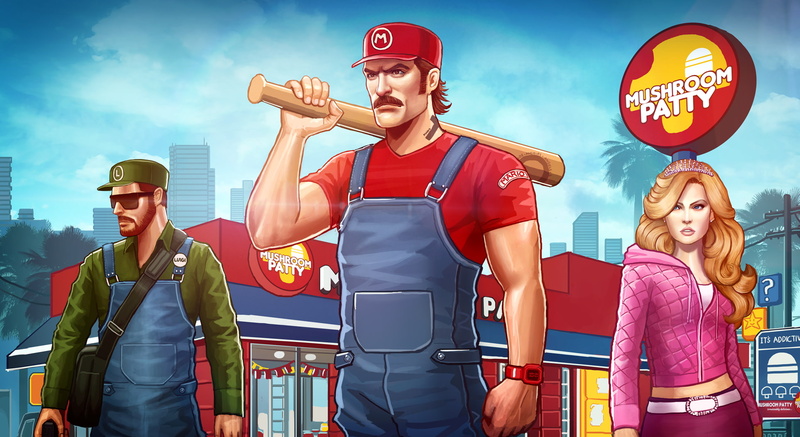 concept art, Mario Bros., realistic, artwork, crossover, mushroom, video games, 1080P, Grand Theft Auto, Luigi, Nintendo, Princess Peach, baseball bats