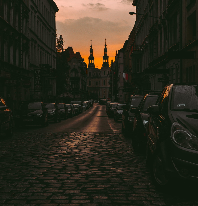 cars, photo, photography, nature, orange, sunset, way, building exterior, grey sky, wheel, orning, poznań, canal, minimalism, 1080P, sky, build, motor vehicle