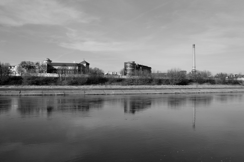 building exterior, water, summer, reflection, wielkopolska, factory, black and white, residential district, cloud - sky, waterfront, no people, building