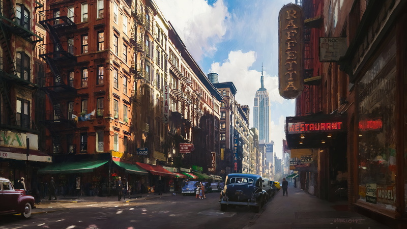 car, 4K, Market, stores, building, The Godfather, people, artwork, old school wheels, old building, digital, clouds, 1900s