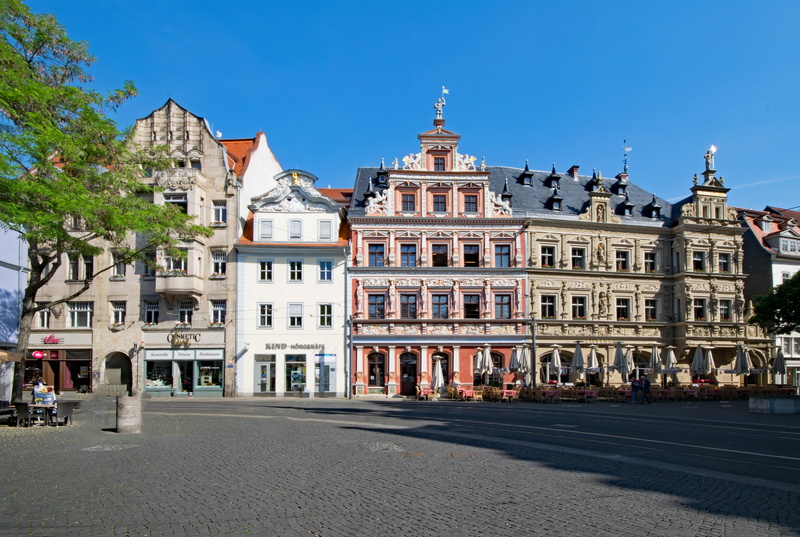 architecture, history, Erfurt, old, sunlight, building, spire, building Exterior, outdoors, Fish Market, sky, 5K, old town, thuringia germany, old building