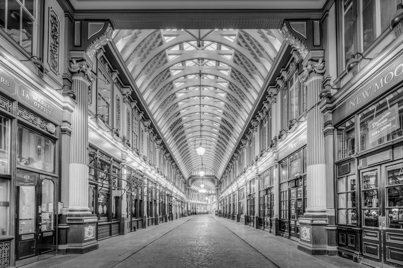 diminishing perspective, historic, landmark, indoors, leadenhall market, built structure, lighting equipment, ceiling, british, shops, direction, pritty
