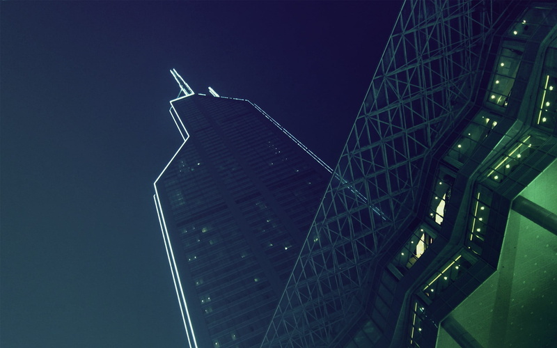 photography, office building exterior, city, building exterior, office, low angle view, worms eye view, sky, night, skyscraper, blue, urban, illuminated