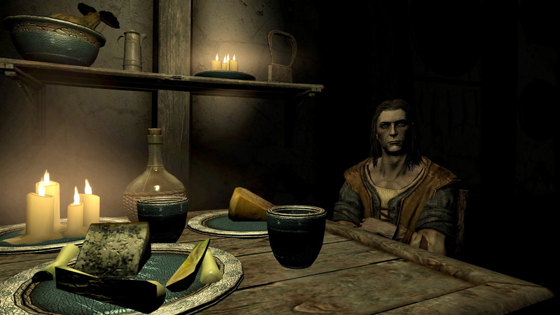 one person, video games, container, electric lamp, dark, adult, 2K, indoors, front view, illuminated, The Elder Scrolls V: Skyrim, flame, wood - material
