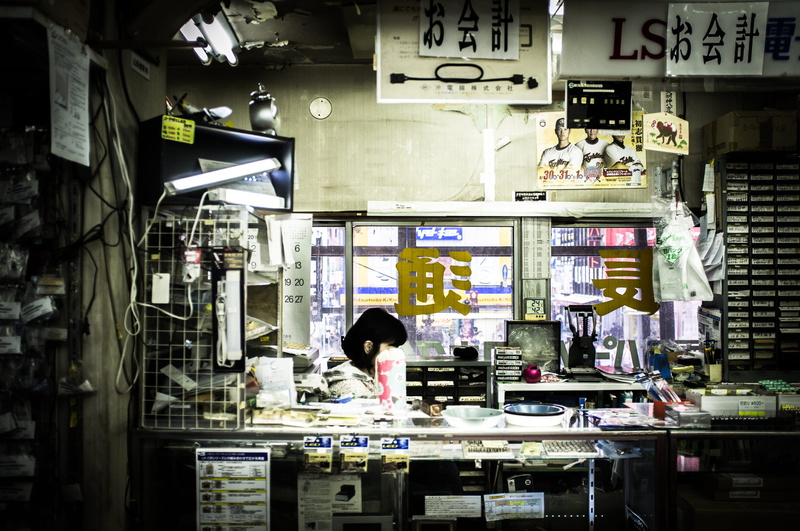 business, one person, akihabara, japan, indoors, taito, text, 1080P, real people, men, retro, standing, rear view, cyberpunk, architecture, store, day