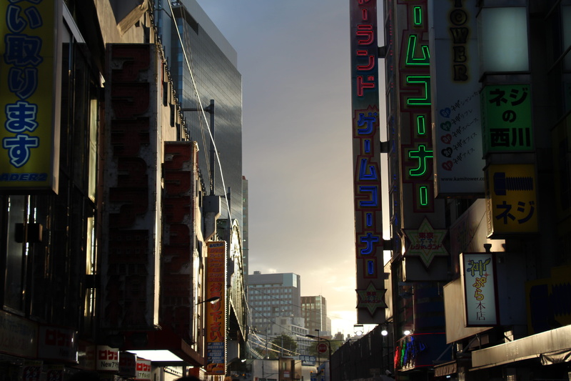 store, building exterior, outdoors, japan, architecture, city, skyscraper, built structure, transportation, sign, akihabara, text, city street, tall - high