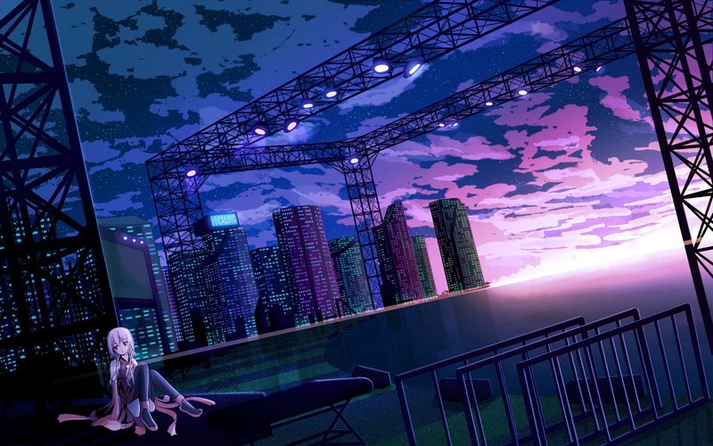 one person, sky, tall - high, nature, outdoors, women, dusk, night, office building exterior, architecture, modern, financial district, Yuzuriha Inori