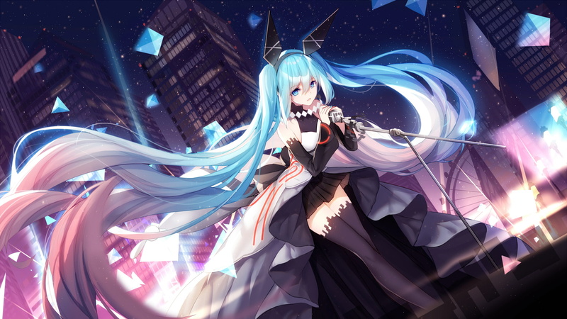microphone, bow, city, 1080P, sky, thighhighs, 256460, skirt, building, long, headband, vocaloid, twintails, hatsune, hair, aqua, bisonbison, miku, stars