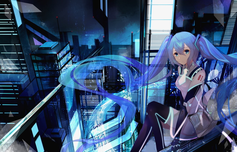 gloves, building, eyes, konachan, night, through, tattoo, scenic, hair, 2K, com, thighhighs, city, long, hatsune, miku, vocaloid, sky, bodysuit, aqua