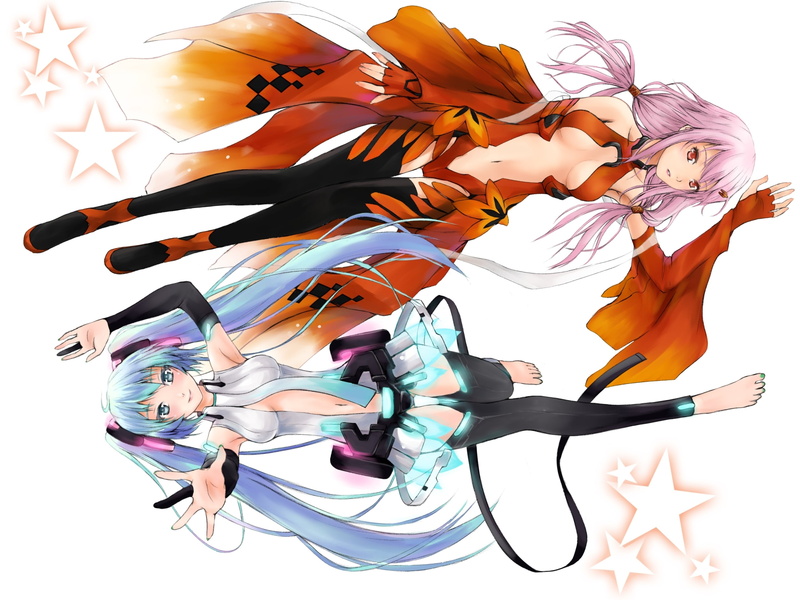 navel, append, 1080P, hair, girls, red, guilty, eyes, twintails, white, miku, cleavage, vocaloid, pink, thighhighs, hatsune, crown, barefoot, aqua, long