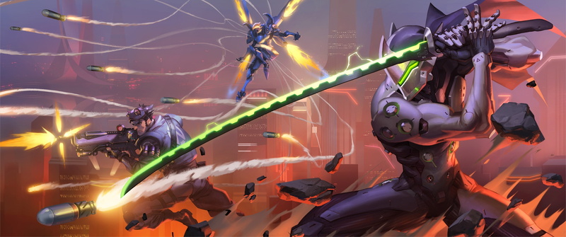 Overwatch, amusement park, 4K, amusement park ride, game, skyscraper, alien, fantasy, sugoi, tracer ammunition, backgrounds, man, Genji, digital, transportation