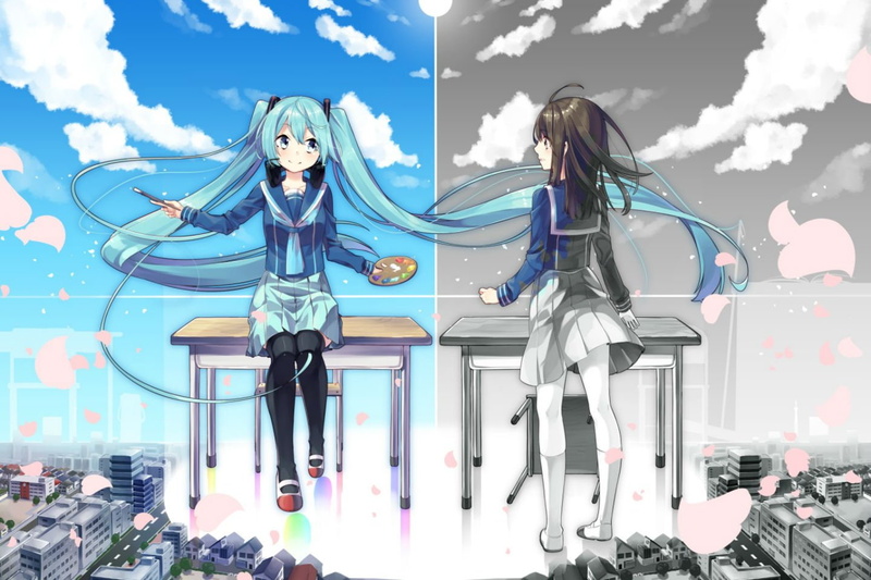 girls, aqua, petals, 720P, miku, thighhighs, clouds, hair, headphones, building, skirt, city, sky, hatsune, long, blush, vocaloid, twintails, eyes, seifuku