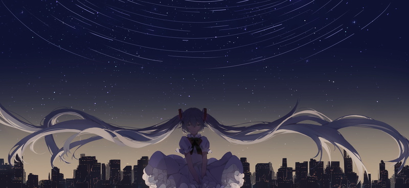 vocaloid, hatsune, 2K, building, long, bow, com, 249424, dress, aqua-, twintails, city, miku, hair, konachan, stars