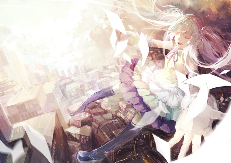 paper, 1080P, building, hatsune, miku, thighhighs, city, azalea, dress, twintails, vocaloid, clouds, skirt, sky
