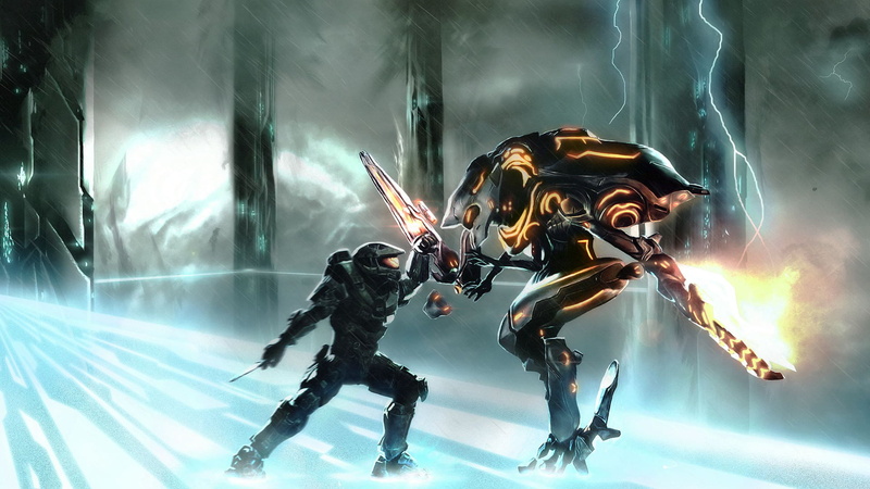 rifles, Spartans (Halo), digital art, Promethean, Alien (movie), Halo, Forerunner, game art, lightning, video games, Halo 4, knife, battle, 1080P, Master Chief