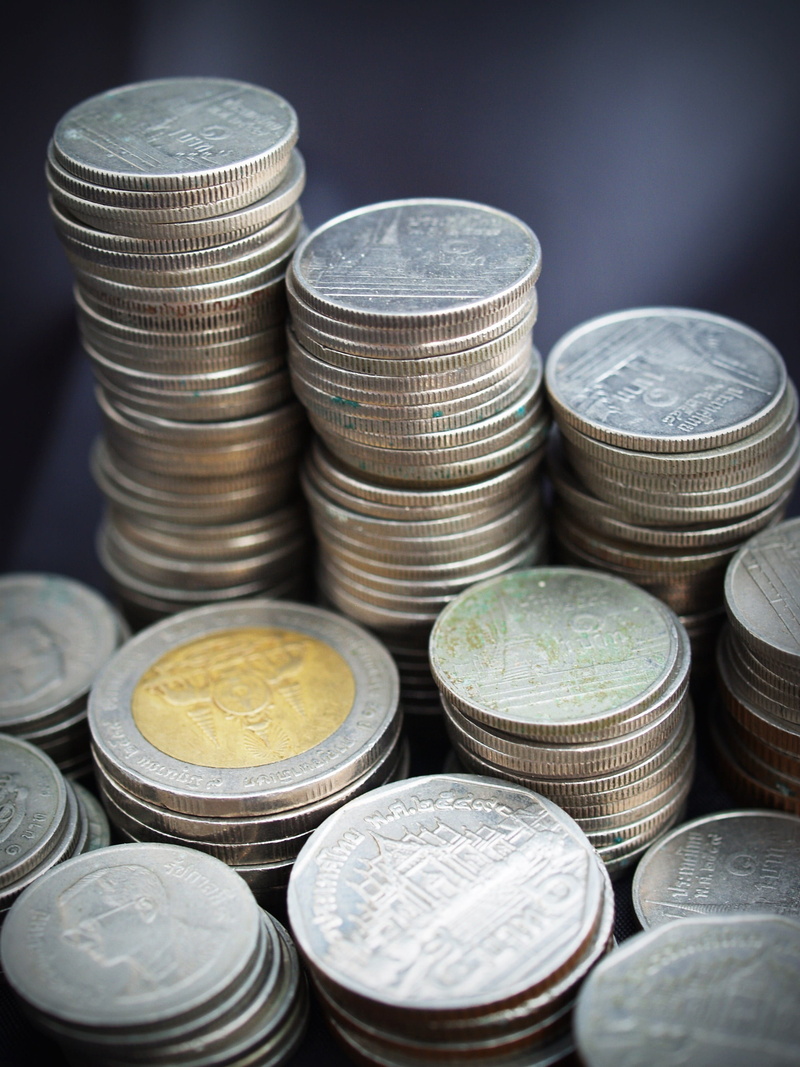 high angle view, money, paying, no people, banknotes, coin, thailand, stack, variation, reflection, background, table, asian, exchange, bangkok, concepts
