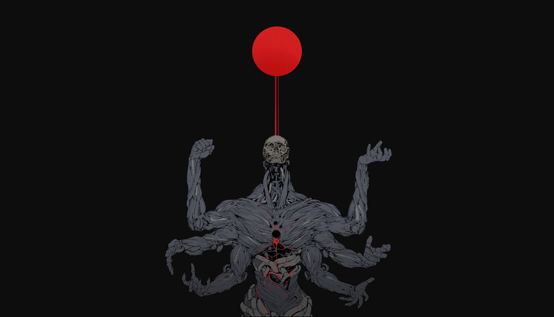 fantasy art, skull, Red sun, artwork, Ching Yeh, muscles, simple background, 4K