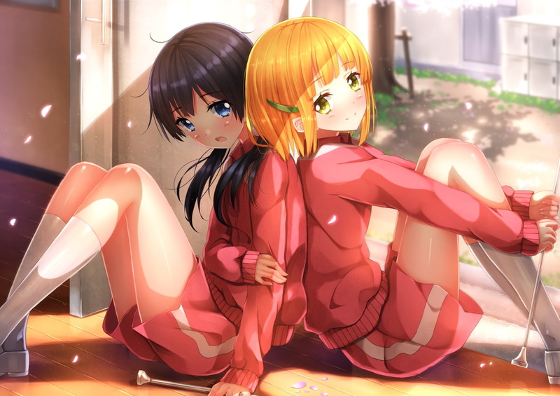 Swordsouls, blue eyes, 720P, socks, anime, brunette, sports, Yellow Eyes, Tokiwa Midori, Blonde, Tamako Market, Anime Girls, Kitashirakawa Tamako