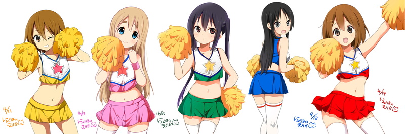 long hair, cheerleaders, skirt, K-ON!, Kotobuki Tsumugi, twintails, 2K, anime girls, Akiyama Mio, dark hair