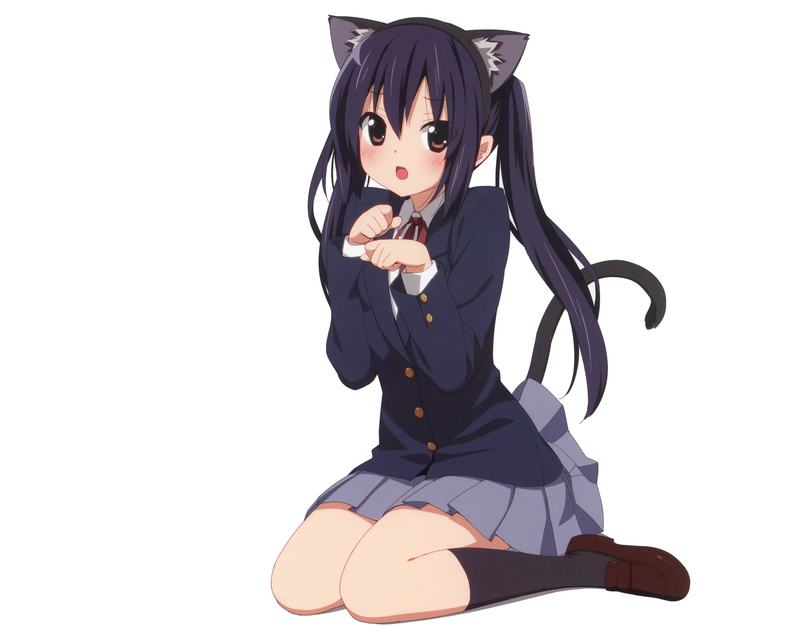 females, 1080P, K-ON!, black color, girls, holding, representation, disguise, cat girl, full length, looking at camera, front view, schoolgirl, teenager