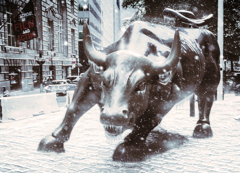 building, digital manipulation, usa, photo art, money, street, architecture, nature, nyc, bull, city, snowing, winter, statue, metal, day, no people, district