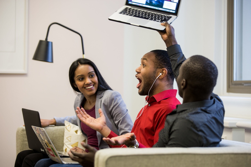 Women, adult, Men, three quarter length, Keyboard, Business, wireless technology, watching, group of people, convenience, excited, using laptop, sitting