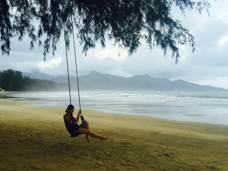 banita tour, swing, plant, beach, scenics - nature, palm, mountain, rope swing, province, outdoor, full length, nature, sea, klong prao beach, leisure activity