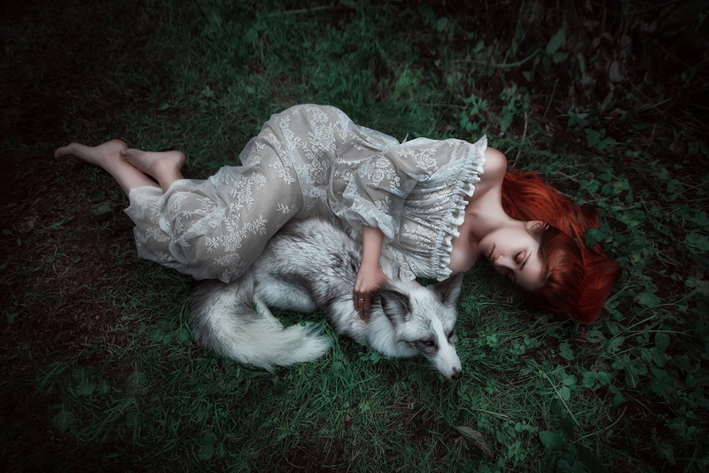 feet, fabulously, glade, girl, red, nature, shoulders, closed eyes, forest nymph, sleeping, dress, lawn, grass, redhead, leaves, friends, pose, fairy, summer