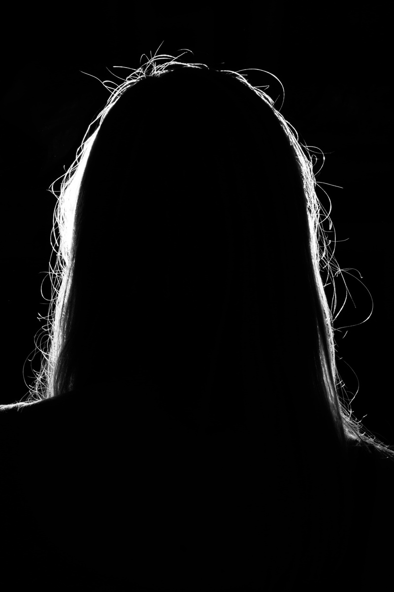 anonymous, dark, headshot, close-up, long hair, woman, one person, studio shot, light, straight hair, human head, indoors, criminal, crime, rear view, 4K