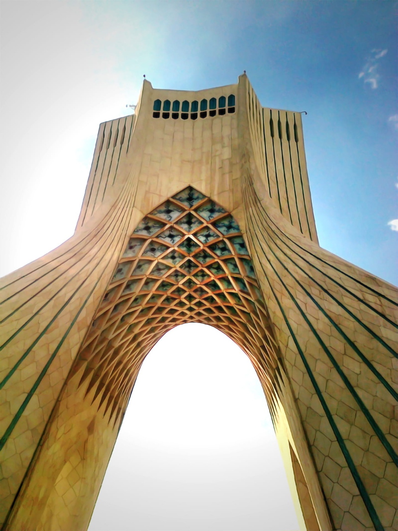 sky, no people, cloud - sky, city, outdoors, travel destinations, tehran, the past, low angle view, tourism, sunlight, day, azadi, architecture, office building exterior