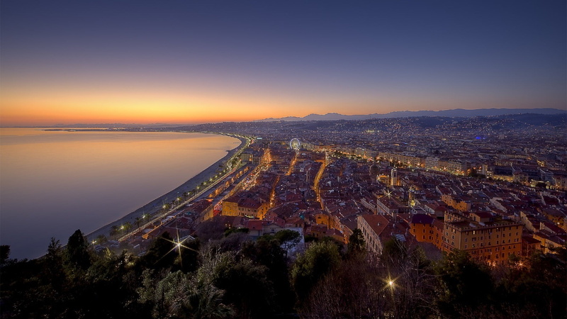 cityscape, black, Nice (city), beauty in nature, night, plant, outdoors, France, architecture, high angle view, sunset, building, tree, horizon over water