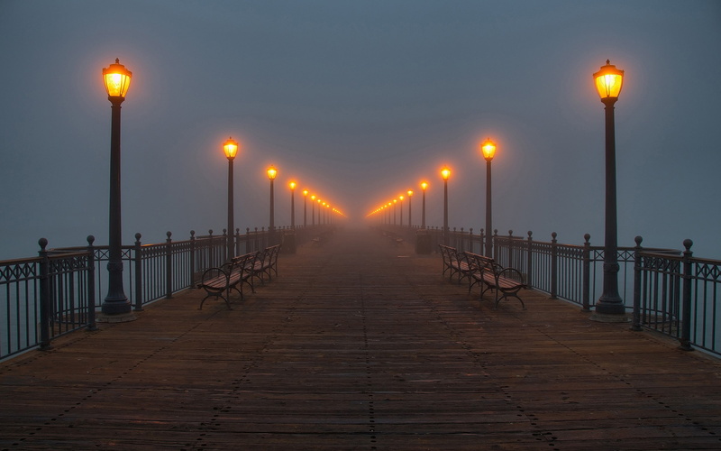 2K, mist, lantern, pier, lights, street light, bench, dock
