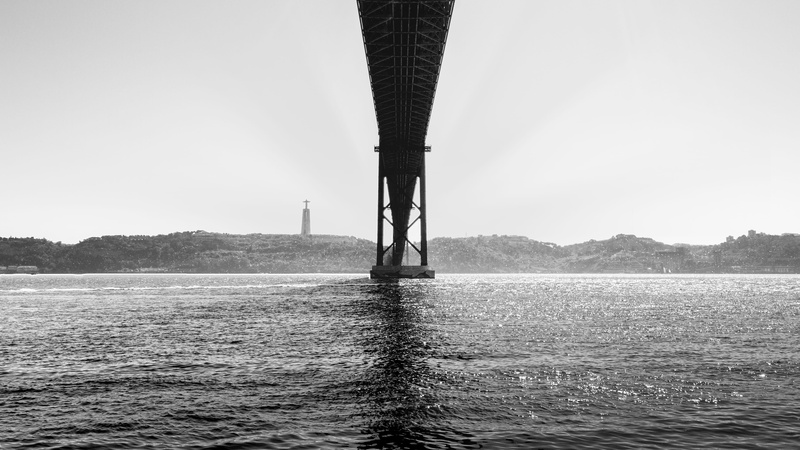 tranquility, tower, street, lisboa, bw, waterfront, mountain, no people, sky, beauty in nature, non-urban scene, portugal, 4K, ponte 25 de abril, sea