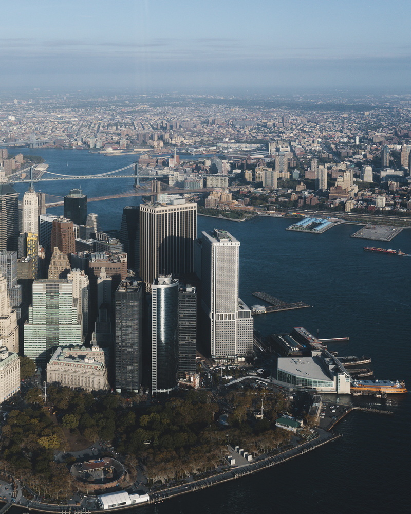 financial district, modern, city, helicopter, waterfront, building, cloud, 2K, no people, river, office building exterior, residential district, day, dock