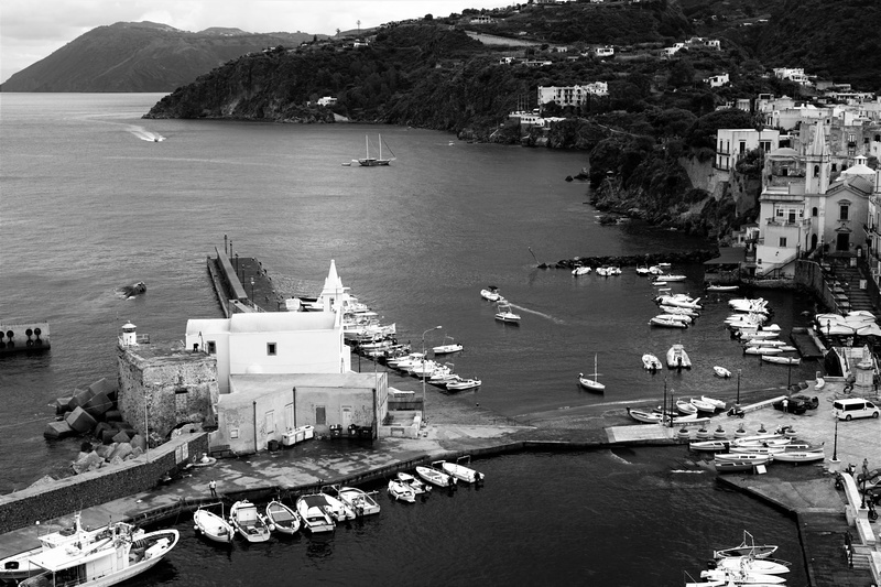 building exterior, water, high angle view, nature, building, church, fisherman, island, street, day, dock, deck, black and white, boat, tourist, built structure