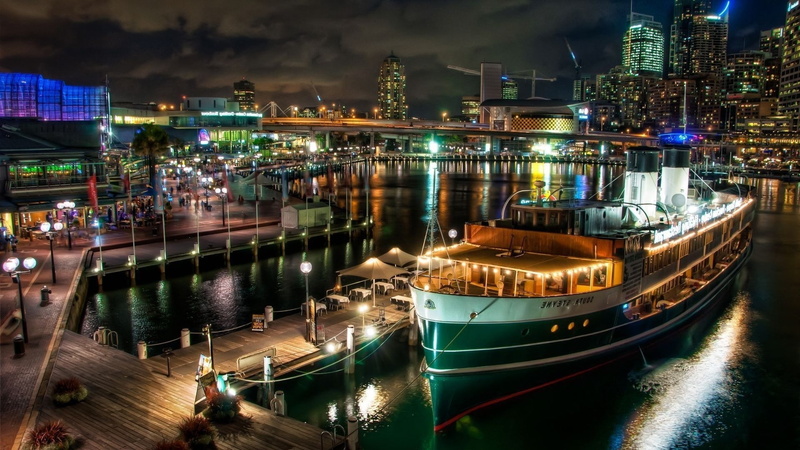 reflection, nautical vessel, moored, sky, cityscape city architecture water river ports dock lights clouds building skyscraper street sydney australia ship cranes machine night pier