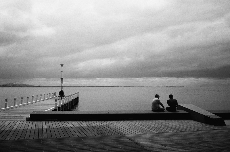 person, boardwalk, port, horizon, built structure, water, people, melbourne, australia, bench, day, real people, sea, brown, horizon over water, housing