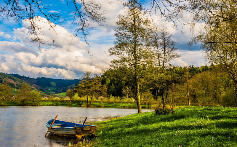 blue, Clouds, mode of transportation, gengenbach, beauty in nature, Landscape, moored, Shore, tranquil scene, tranquility, transportation, day, tree, Grass