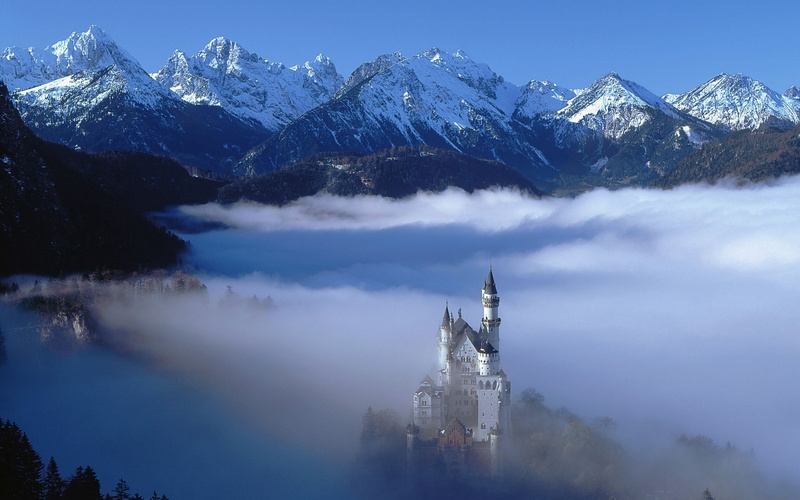 travel Destinations, mountain Peak, cold temperature, snowcapped mountain, snow, fog, mountain, building, europe, architecture, neuschwanstein, travel