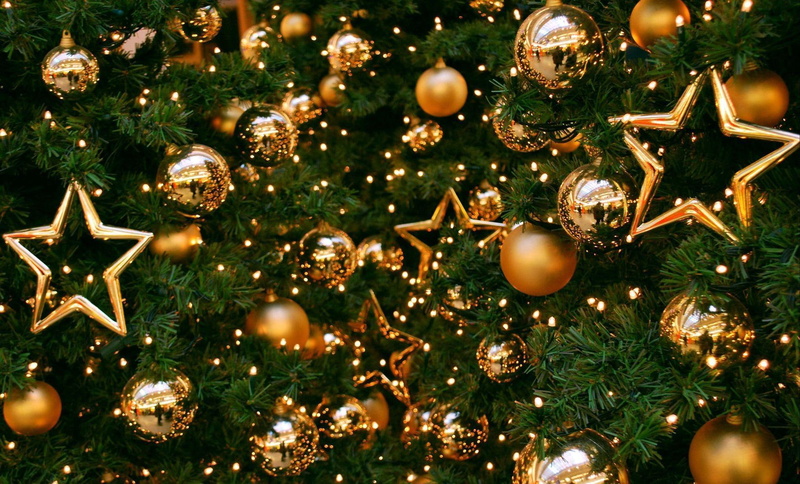 balloons, new, christmas, decorations, gold, year, tree, 1080P, new year, holiday, stars