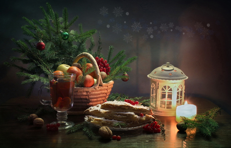 happiness, new year, tea, January, 2K, Christmas, tree, candle, tangerines, still life, lemon pie, winter