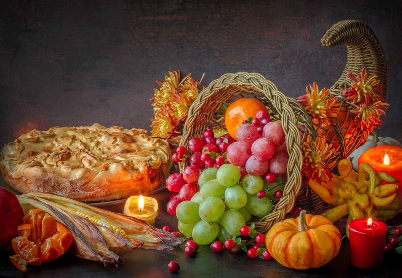 flowers, pie, 1080P, tangerines, corn, grapes, candles, chrysanthemum, cornucopia, pumpkin